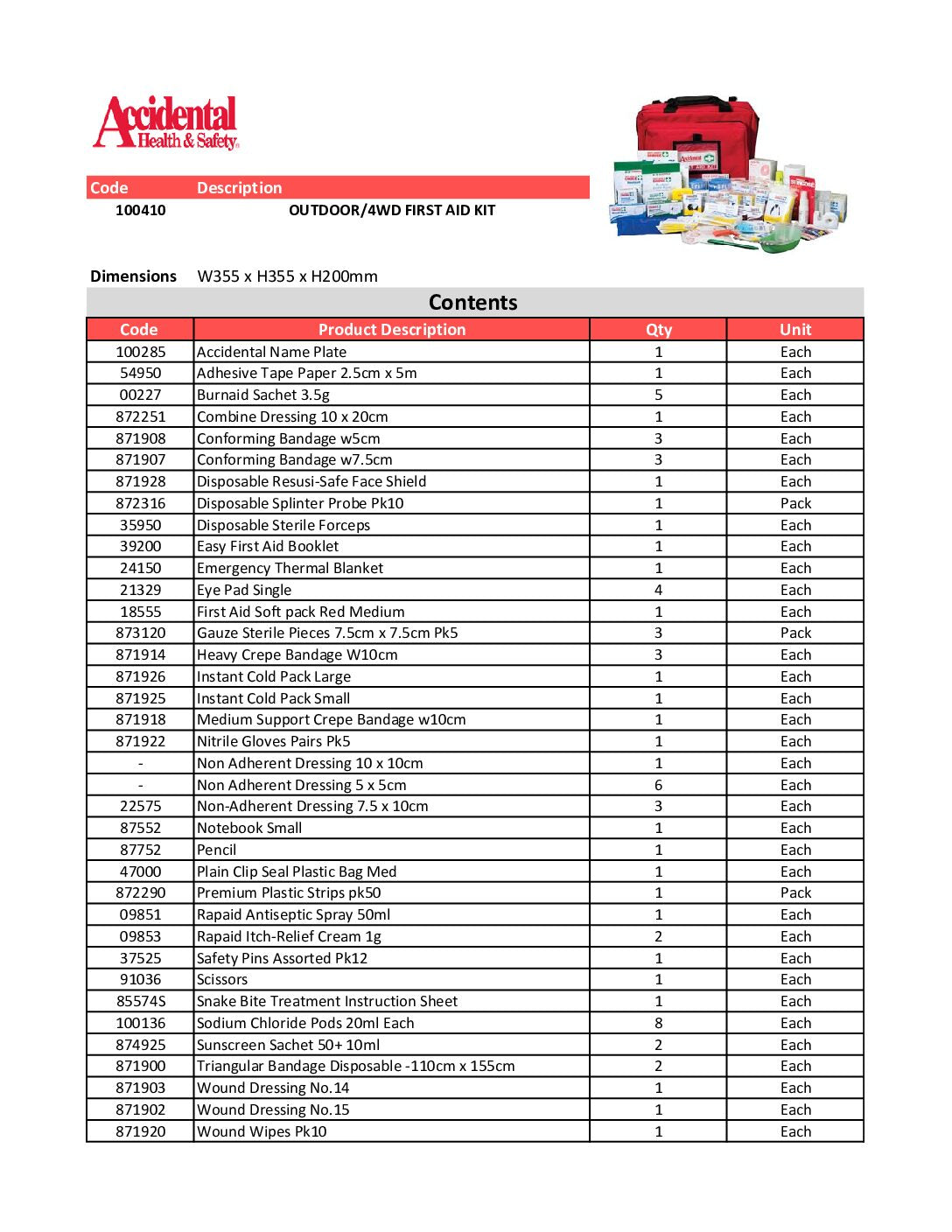 Code of Practice First Aid Kit AHS Outdoor / 4WD