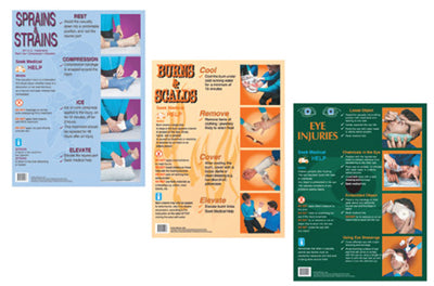 First Aid Treatment Posters - 600x450mm Set of 3: Sprains & Strains, Burns & Scalds, Eye Injuries