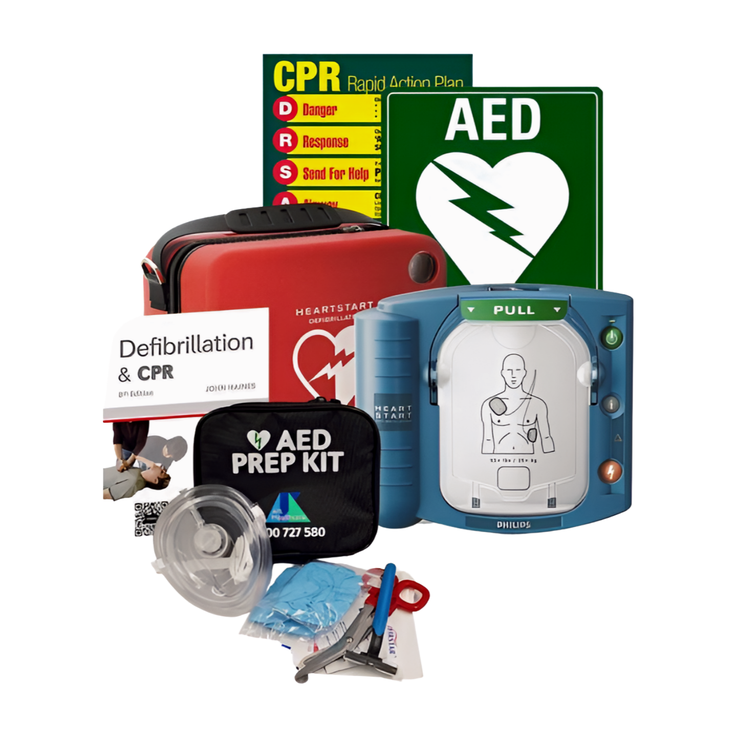 Defibrillator Philips Heartstart HS1 Plus AED Cabinet, AED Sign, AED Prep Kit Package
