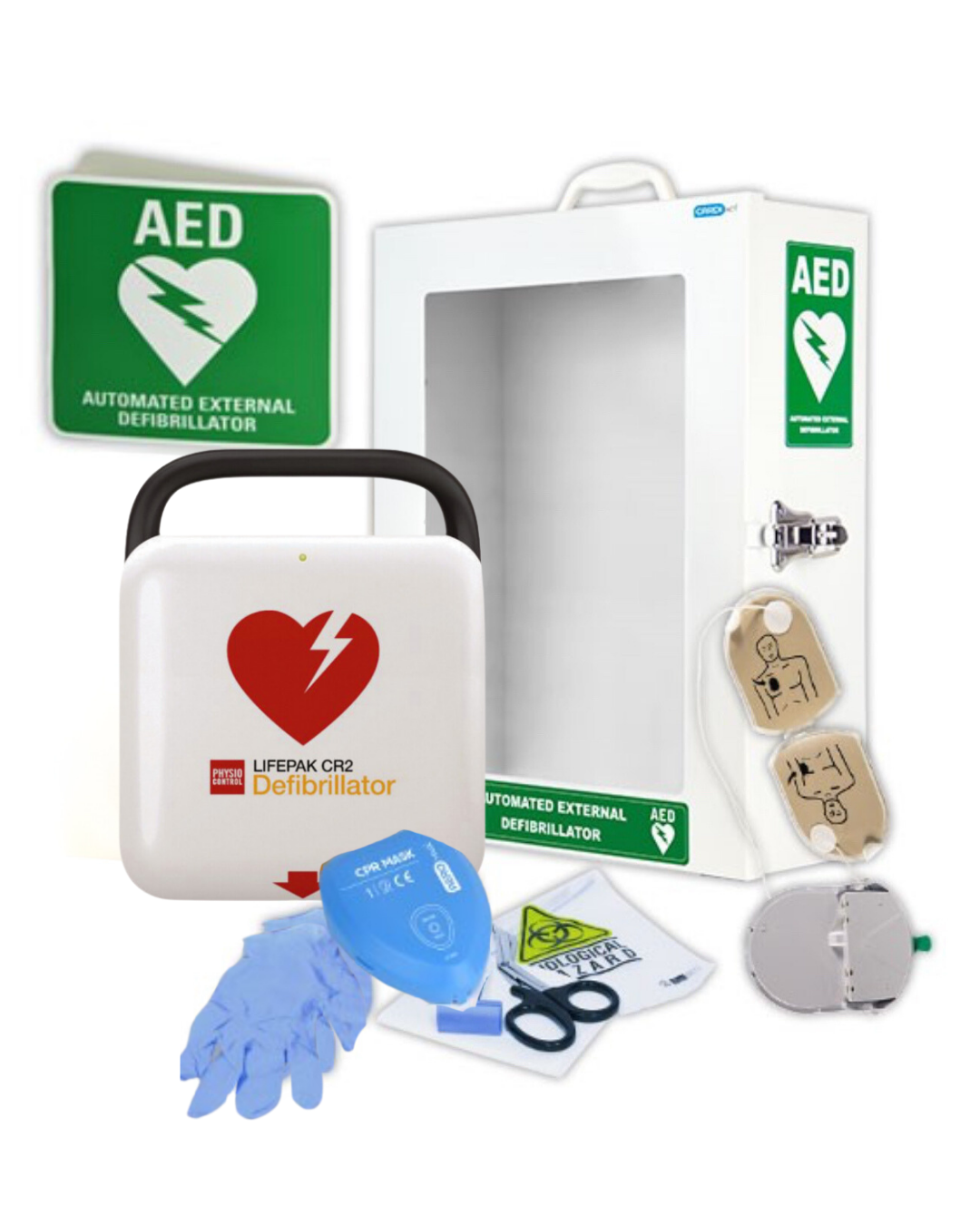 LIFEPAK CR2 Essential Fully Automatic Defibrillator Package incl. Free Cabinet and AED Sign